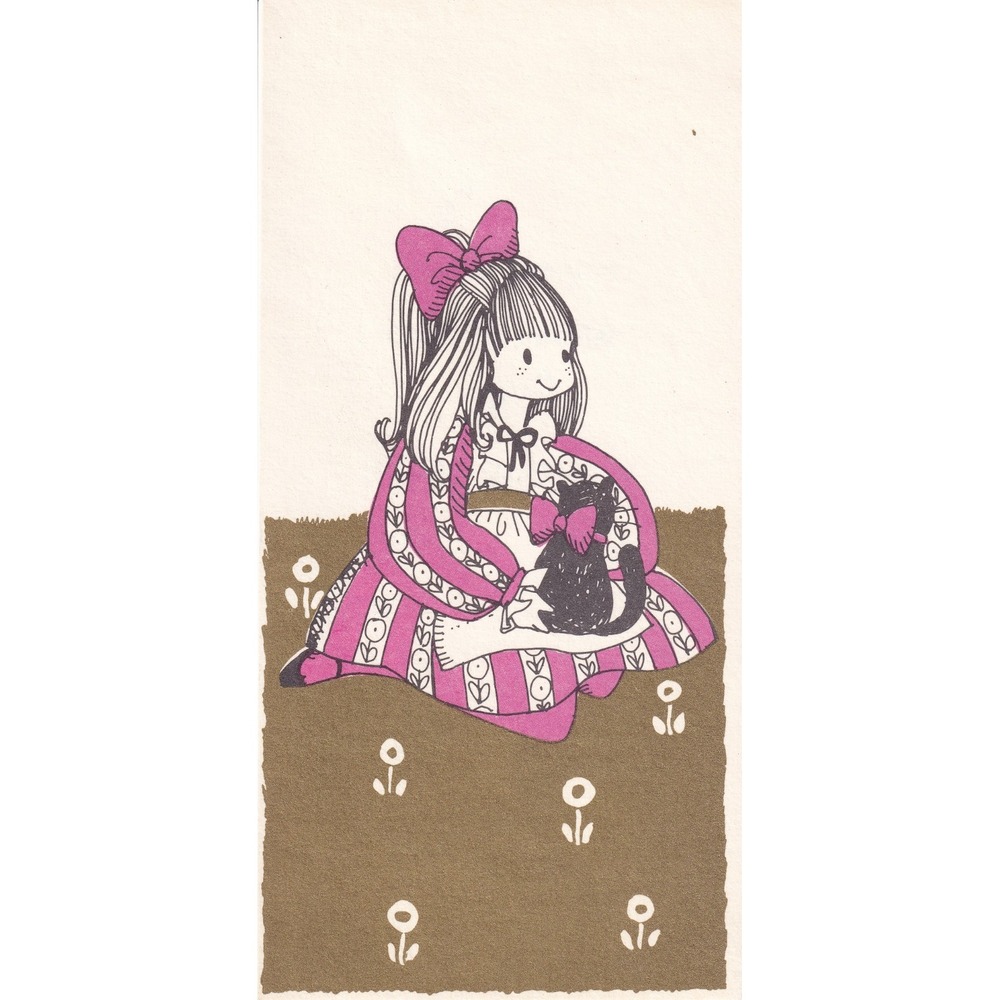 Vintage Girl Black Cat Greeting Card Gold Foil Mid Century Retro Kitsch